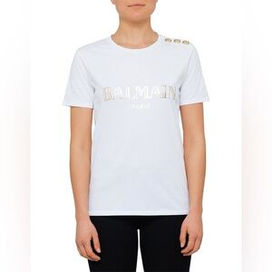 Balmain White Gold Metallic Logo Buttons Tee Shirt  Size 34 Cotton Retro Neutral